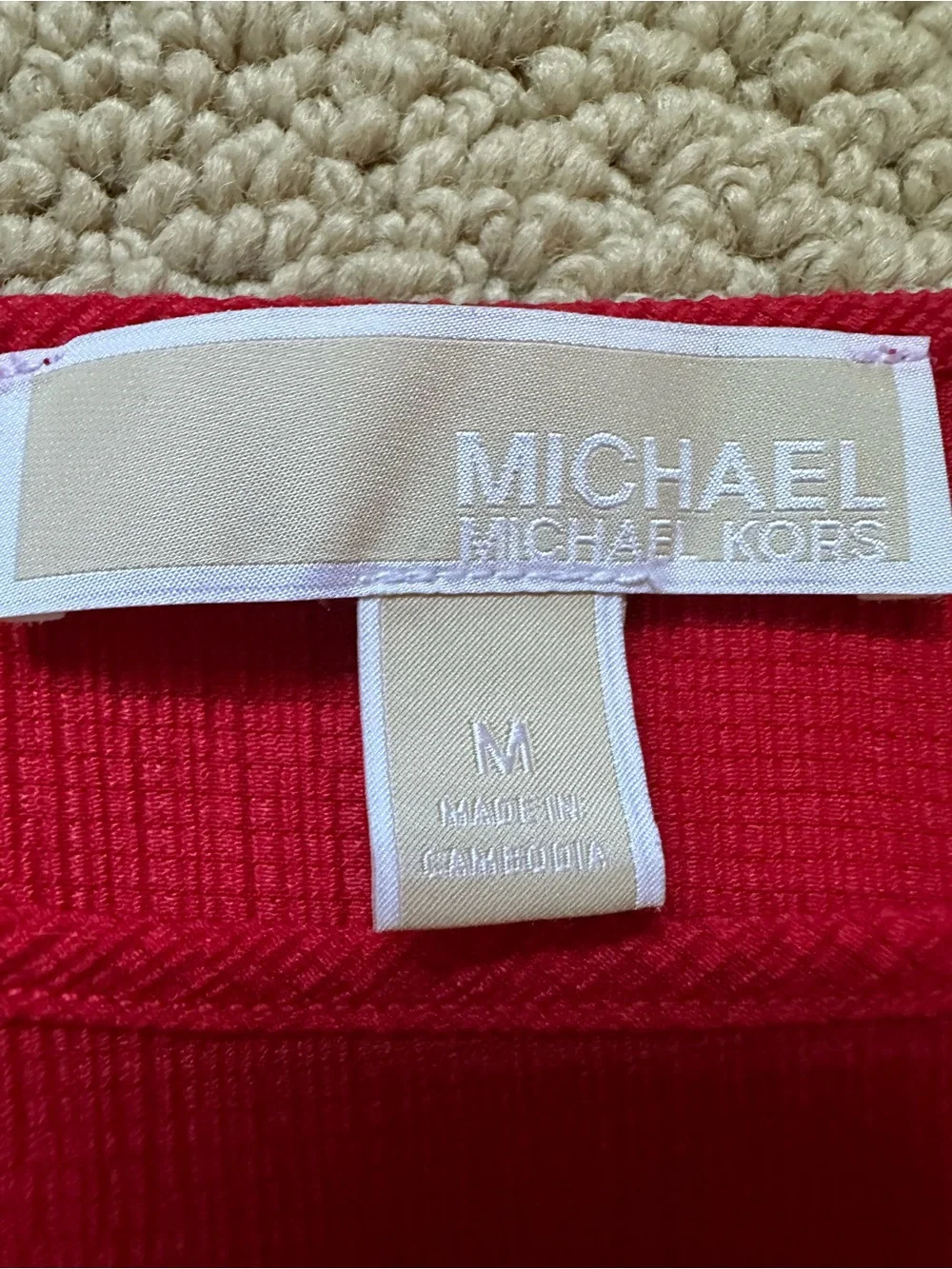 Michael Kors Red Smocked‎ Waist Blouse Size M Textured Short Sleeve Boat Neck⁠